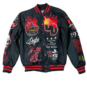 Dodge x Reason Men Varsity Bomber Jacket Limited Edition M Black Demon Flame NEW